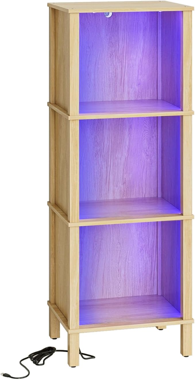 Bookshelf with LED Lights, Modern 3-Tier Bookcase, Open Storage Book Shelf, 11 × 14.2 × 38.9 Inches, Small Narrow Bookshelves for Living Room, Home Office, Bedroom, Natural