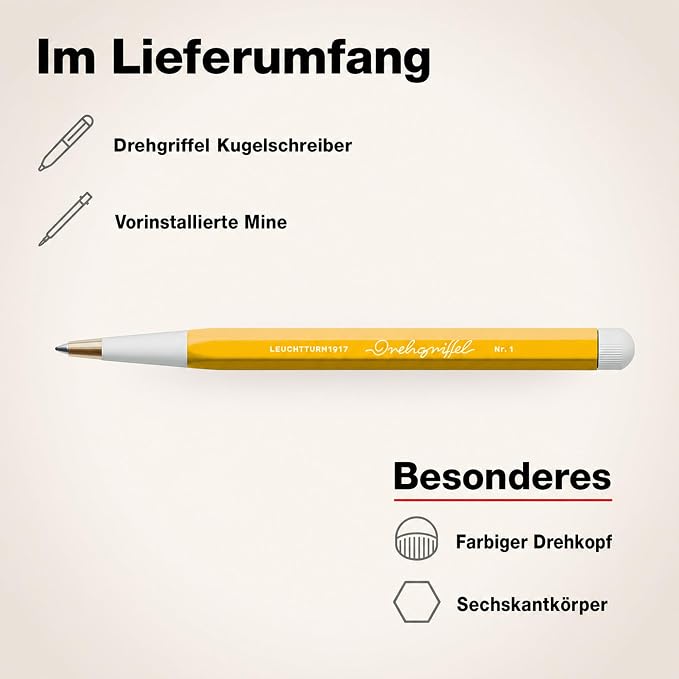 LEUCHTTURM1917 - Drehgriffel Writing Pen (Sunflower) - Ballpoint Pen with Royal Blue Ink Included
