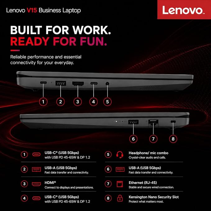 Lenovo V15 Business Laptop, Intel N150 Quad-Core Processor, 15.6" FHD Display, 16GB DDR5 RAM, 256GB NVMe SSD, Wi-Fi 6, Ethernet RJ-45, Dolby Audio, Windows 11 Pro, Business Black