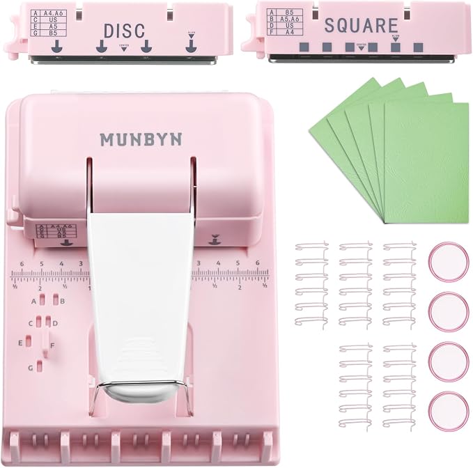 MUNBYN Multi Binding Machine with 2 Detachable Heads(Disc & Square), Pink | DIY Small Book Binder for Notebooks, Calendars, Albums, Journals at Home, School, Office