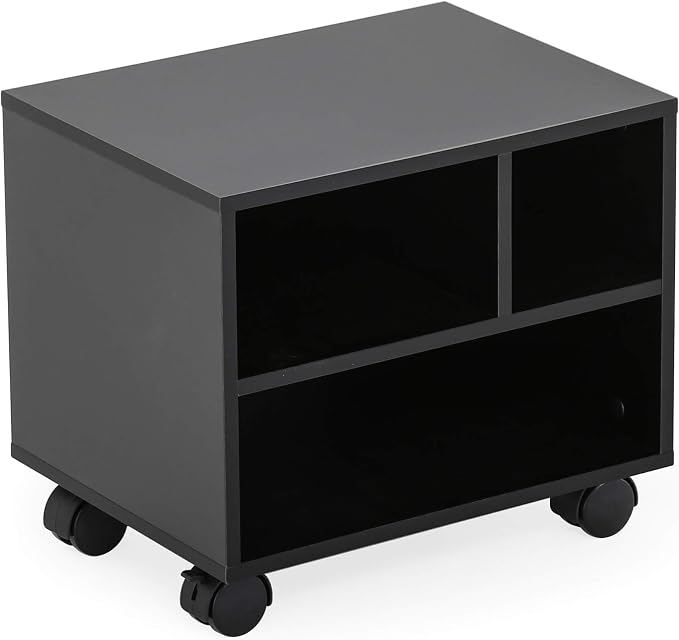 FITUEYES Mobile Printer Stand with Storage, Wood Small Printer Table, Black | Under Desk Rolling Work Cart with Wheels and 3 Compartment Organizer Spaces for Home Office, 15.7 x 11.8 x 13.8