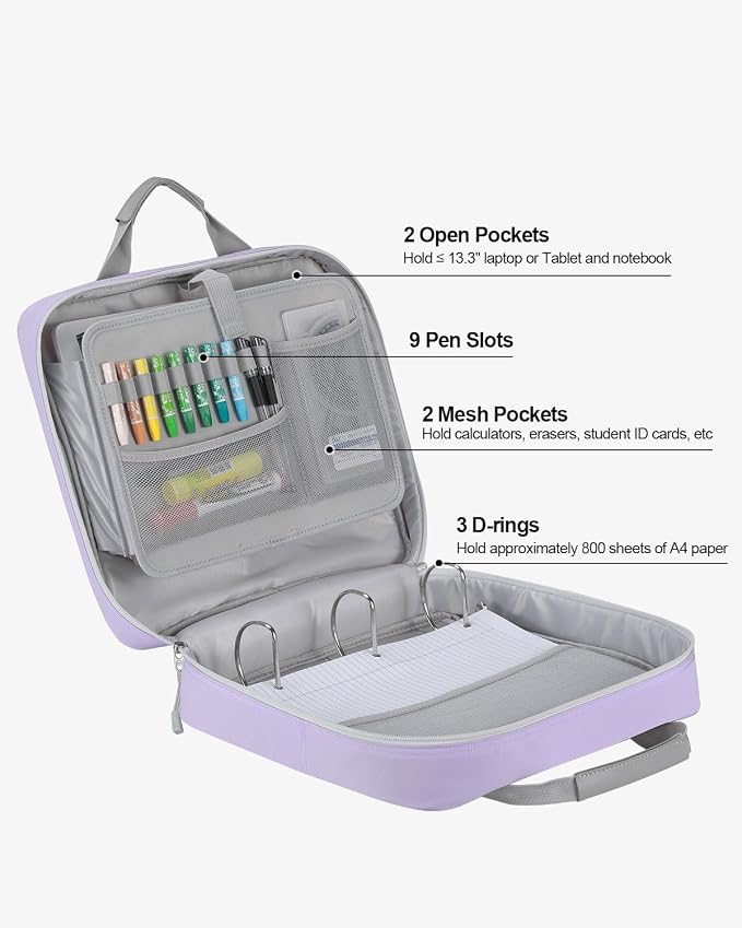 4 Inch Zipper Binder 3 Ring with Shoulder Strap,Tough/Multi-Pocket | Binder Bag with Laptop organizer for School Travel,Fit 13" MacBook & Tablet,800 Sheets Capacity,Water Resistant,Light Purple