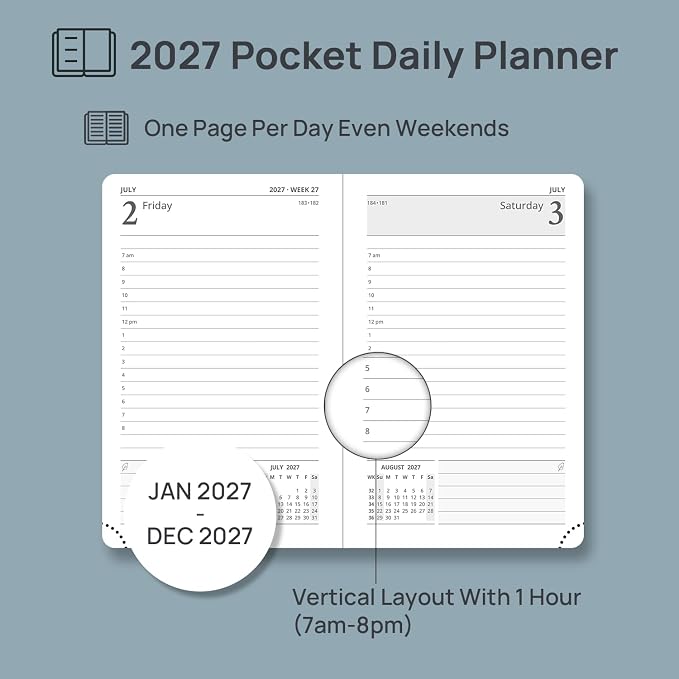 POPRUN 2027 Small Daily Planner One Page Per Day,Pocket Size Daily Calendar