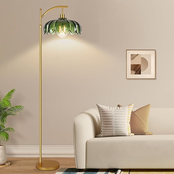 Gold Floor Lamps for Living Room,Glass Floor Lamp with Remote Control & Green Lampshade,Arc Flower Lamp Dimmable Mid Century Modern Standing Lamp Vintage Brass Tall Floor Lamp For Bedroom Corner