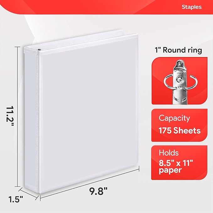 Staples Economy 1-Inch Round Ring Binder, Holds Up to 175 Sheets Each, 12-Pack, White, Lightweight Binders for School & Office