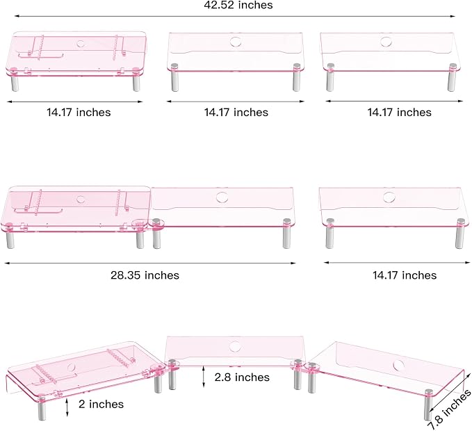 Pink Acrylic Dual Monitor Stand Riser,Laptop Riser Adjustable to 8 Angles | Double Computer monitor riser for desk for 2 Monitors,Desktop organizer Stand for Laptop,PC,Printer,TV，Cute Desk Accessories