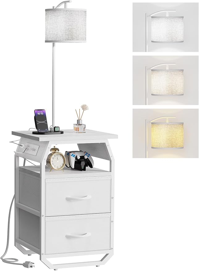 runjuly Floor Lamp with Table, End Tables with Lamps Attached 3-Color Temperature Bulb, Side Table with Lamp with 2 Drawers & Charging, Lamps Tables Combo for Bedroom, Dorm, Apartment - White