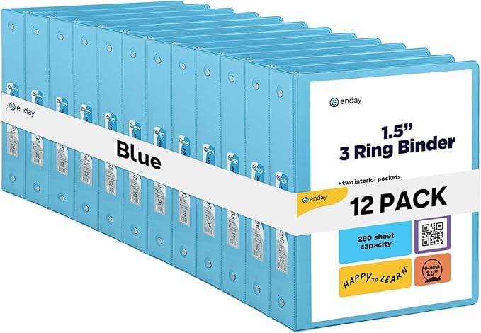 Enday 1.5 Inch Binder (12 Pack - Blue) 3 Ring Binder 1.5 inch with Clear View Cover and 2 Inside Pocket - for Letter Size 8.5 x 11'' Paper, Ideal for School Supplies, Office, and Home