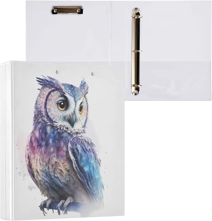 Custom 3 Ring Binder Owl Watercolor 1.5" Round Ring Binders Personalized Name View Binder with 200 Sheet for Women Men Office Kids School Supplies, 1 Pack