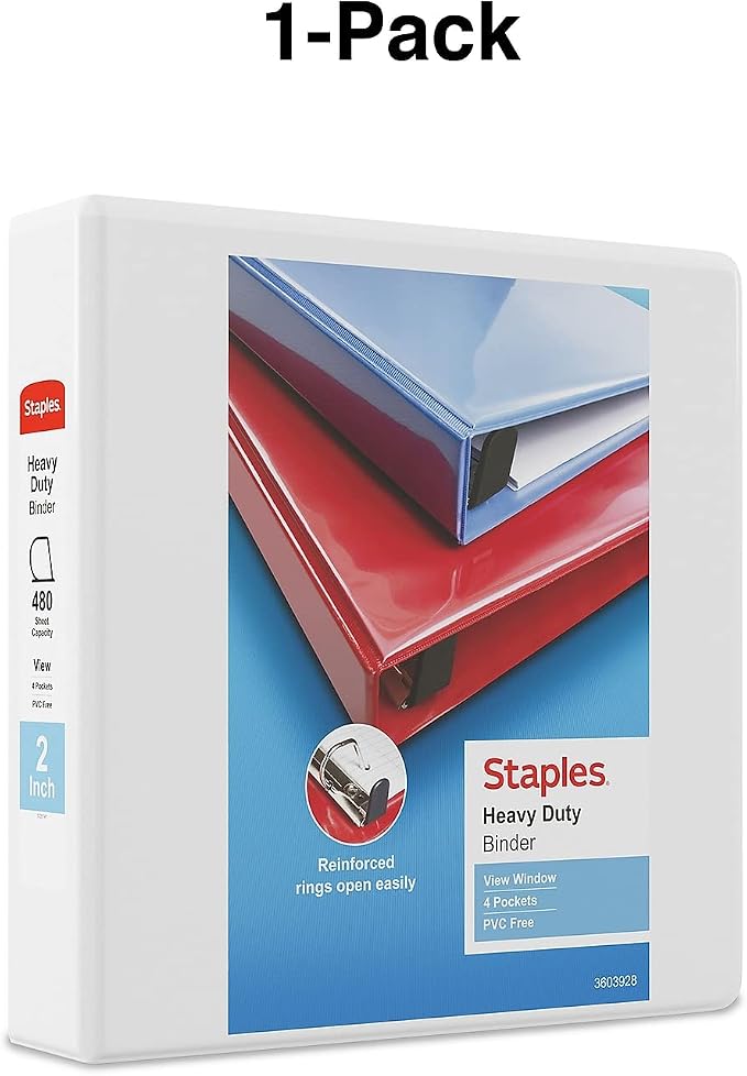 Staples Heavy-Duty 2-Inch D-Ring View Binder, White – Large Capacity 3-Ring Binder for School & Office Storage