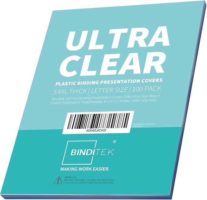 Binditek 5 Mil PET Binding Covers, 8.5 x 11 Inches, Ultra Clear, 100 Pack | Plastic PET Binding Covers, Letter Size, Ultra Clear, Square Corners, Unpunched, Ideal for Business Reports and Proposals
