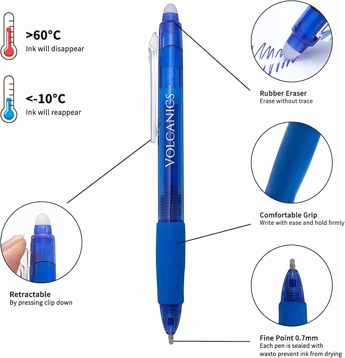 Volcanics Retractable Clicker Erasable Gel Pens, Blue Ink, 0.7mm, 36 Pack
