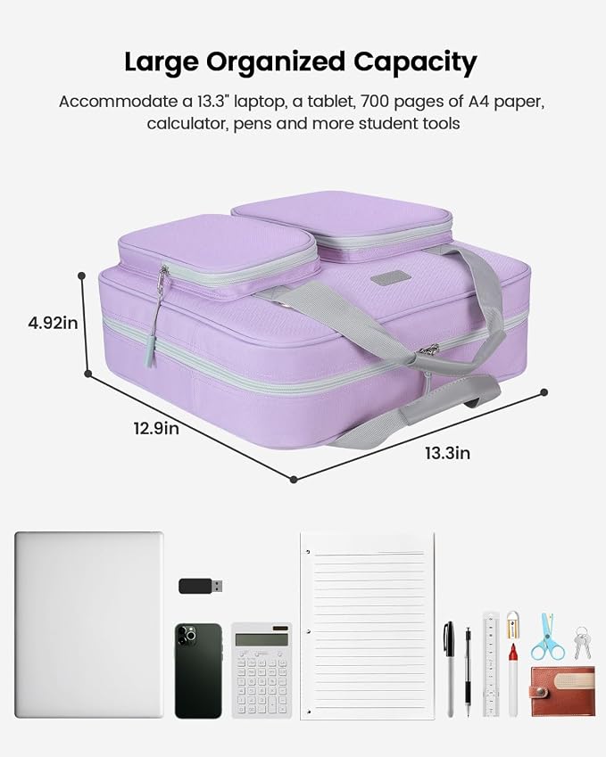Zipper Binder 3 Inch 3 Ring with Shoulder Strap Multi-Pocket,Tough | Binder Bag with Laptop organizer for School Travel,Fit 13" MacBook & Tablet,700 Sheets Capacity,Water Resistant,Light Purple