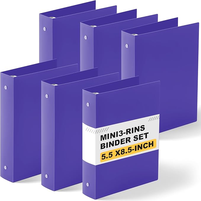 Henoyso 1.5 Inch 6 Pack Mini 3 Ring Binders for 5.5"x8.5" Paper,Purple | Holds 280 Sheets, Plastic Small Binders, Round Three Rings, Flexible PP Covers, School Office, Photo Album Planner Journal