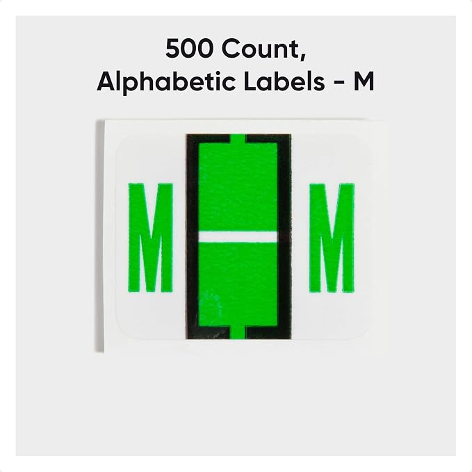 Smead BCCR Bar-Style Color-Coded Alphabetic Label, M, Label Roll, Light Green, 500 Labels per Roll, (67083)