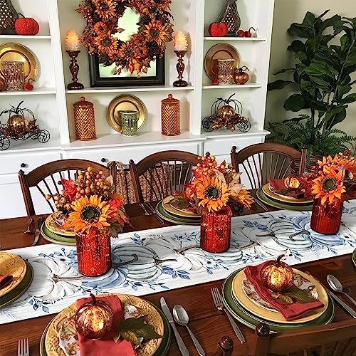Fall Table Runner Blue Pumpkin Table Runners Harvest Thanksgiving White Blue Pumpkins Wooden Cotton Linen Dresser Scarf Kitchen Dining Table Decor for Autumn Holiday Party Coffee 13x70 Inch