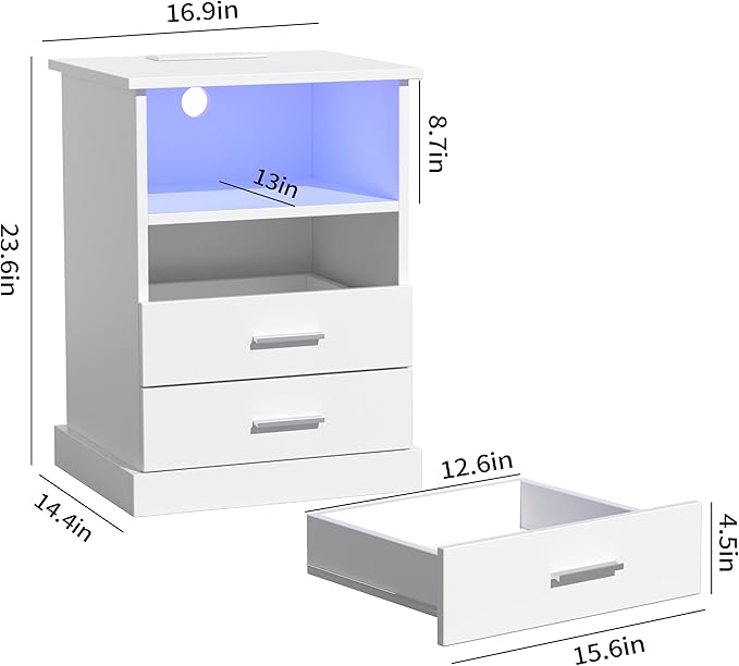 Halitaa Nightstand with Charging Station, LED Lights Side Table with 3 Drawers, End Table for Bedroom Office White