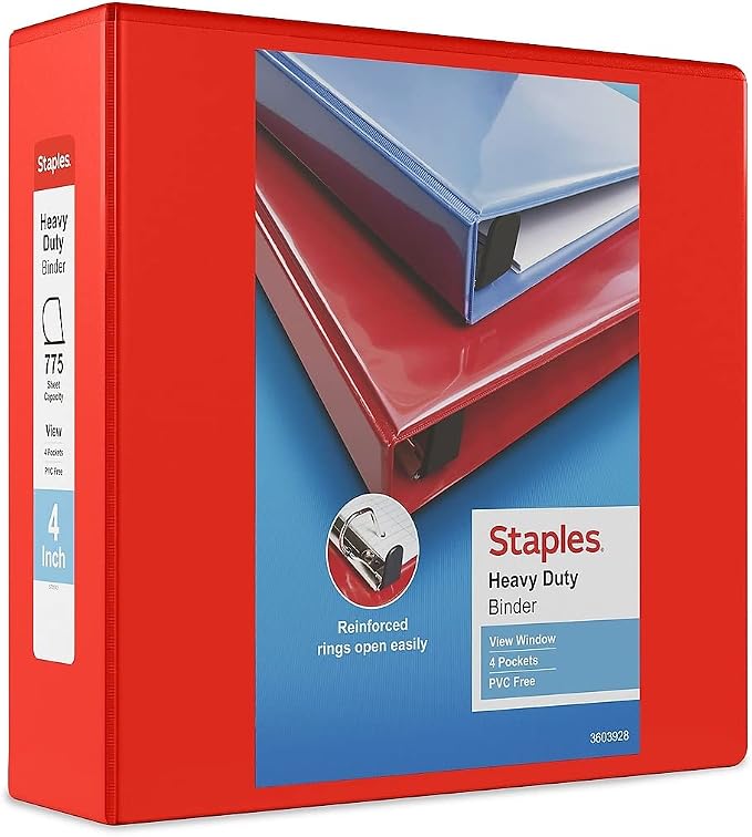 Staples Heavy-Duty 4-Inch D-Ring View Binder, Extra Large Capacity Holds Up to 800 Sheets, Red, for Office, School & Archiving