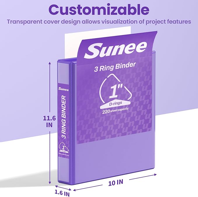 SUNEE 3 Ring Binder 1 Inch D Ring, Clear View Binder Three Ring PVC-Free (Fit 8.5x11 Inches) for School or Office Supplies, Dark Purple, 1 Pack