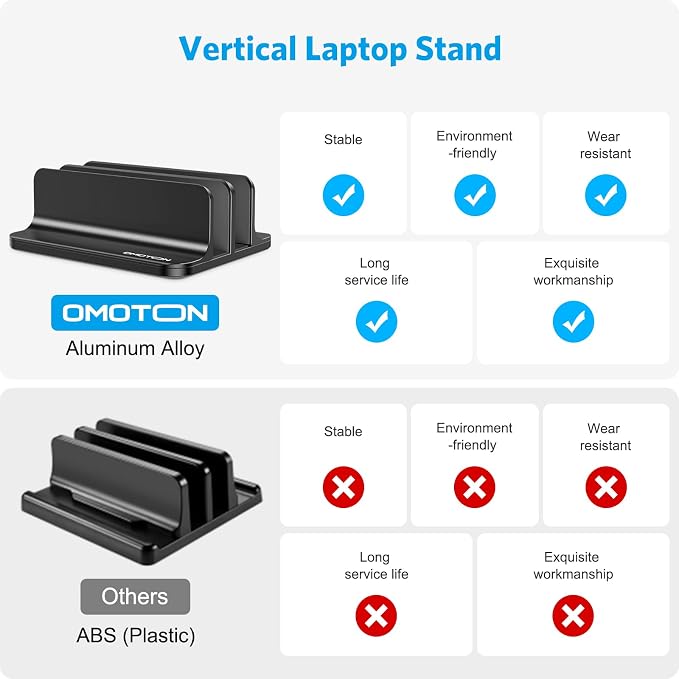 OMOTON Dual Vertical Desk Laptop Stand Holder, Fits MacBook Air/Pro, Black | Aluminum Laptop Storage Rack for Desk, Adjustable Dock for Up to 17.3 in. Gaming Laptop, Space-Saving Desk Organizer