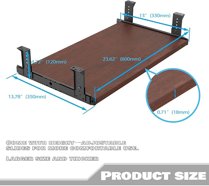 FRMSAET Office Product 20/24/30 inch Keyboard Drawer Tray (24 inch, Cherry) | Heavy Duty Wood Platform Holder Under Desk Furniture Accessories Slide Drawer Suits Hardware with Adjustable Height Slides