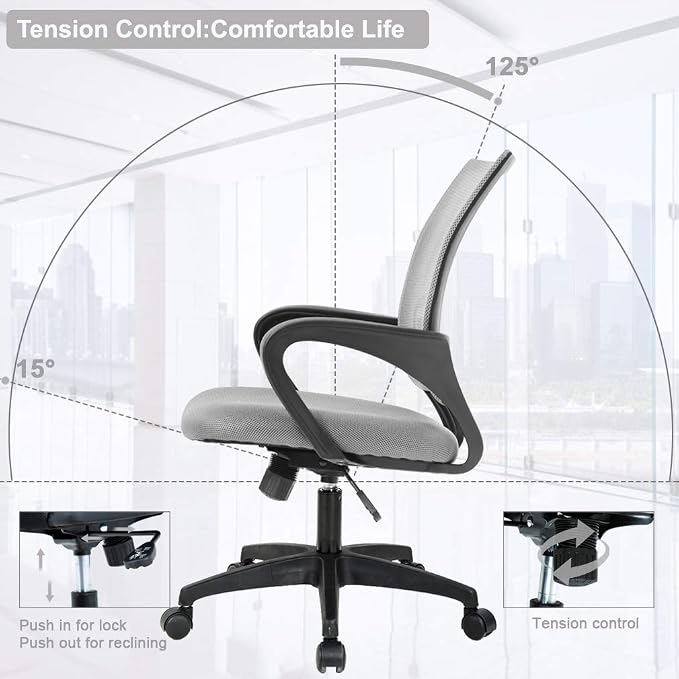 BestOffice | Ergonomic Office Chair | Mid-Back Swivel Desk Chair | Breathable Backrest & Lumbar Support | Adjustable Height | Sponge Seat | Rolling Wheels | Grey | for Adults & Women | Pack of 2