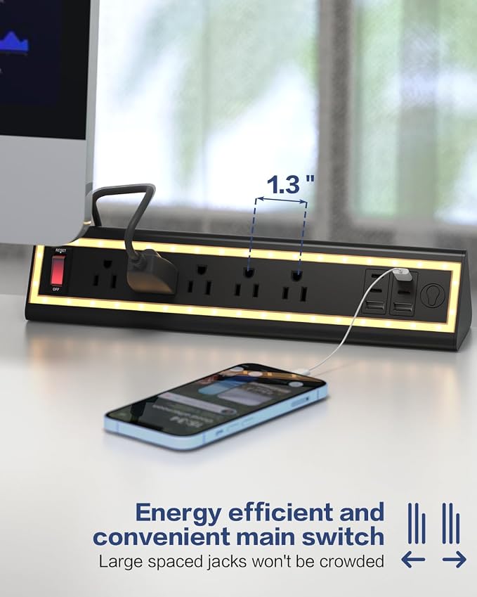 Desk Clamp Power Strip with Nightlight, 40W Fast Charging, 10FT Extension Cord, 4x20W USB-C & 2 USB Ports, 5 AC Outlets, Fits 1.69-Inch Table Edges