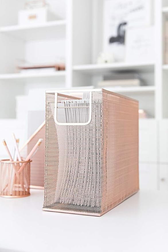 BLU MONACO Rose Gold Desk Organizer Set | 5-Piece Metal Desktop Organization Kit With File Holder, Magazine Rack, Pen Cup, Sticky Note Holder and Letter Sorter | Stylish Office Accessories
