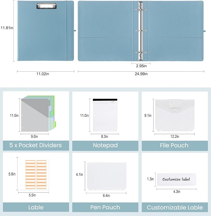 3 Ring Binder with Clipboard,2 Inch Binders with Notepad&5 Dividers with Pockets, Labels,PU Clipboards for School Office(Blue,Letter Size)