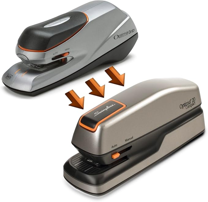 Swingline Electric Stapler, 20 Sheet Capacity, Optima 20, Jam Free, Compact, Automatic or Manual, Plug In or Battery, Orange and Gray (48207)