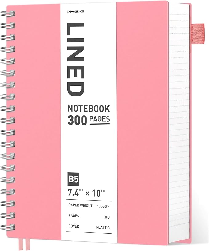 AHGXG Spiral Notebook College Ruled - Large Spiral Journal Notebook B5 7.48" × 10.15", 300 Pages, 100GSM Thick Paper, Plastic Hardcover, for Work Office School Writing Notes,Pink