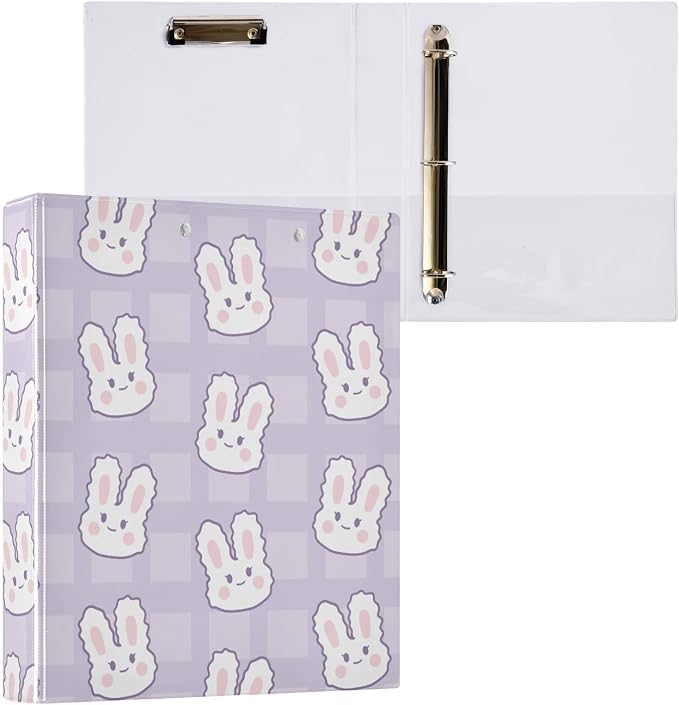 3 Ring Binder 1.5 Inch Cartoon Bunnies Purple Clipboards Binders with Interior Pockets Round Ring Binder for Office Supplies and School