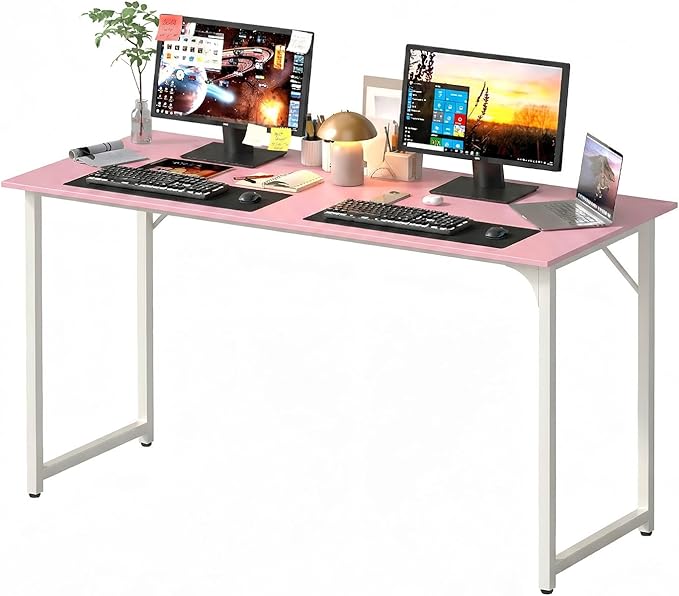 PayLessHere | 55 Inch Computer Desk | Pink | Office Desk with Metal Frame, Adjustable Feet | Water-Resistant, Scratchproof Surface | Sturdy Writing Table for Home Office or Study | Pack of 1