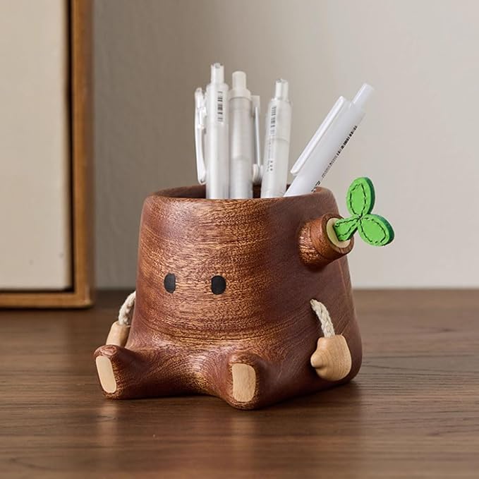 Stump Pen Holder – Cute Wooden Desk Organizer, Fairy Tale Tree Stump Pencil Cup for Stationery, Makeup Brushes, Dried Flowers, Solid Wood Desktop Decor Gift