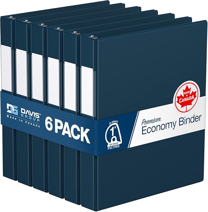 Premium Economy 6-Pack 3-Ring Binders for School or Office, D-Ring Binders, 1 Inch, Navy Blue | Heavy-duty binder, fits 8.5" x 11" paper, navy blue, customizable spine, made in Canada, ideal for school or office use