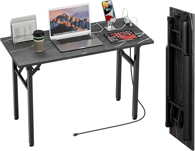 TEMI Small Computer Desk Folding Table - No Assembly, Compact 43.3" Foldable Desk with Power Outlets & USB Charging Port, Portable Small Office Desk, Ideal Mini Study Table, Marble Greige