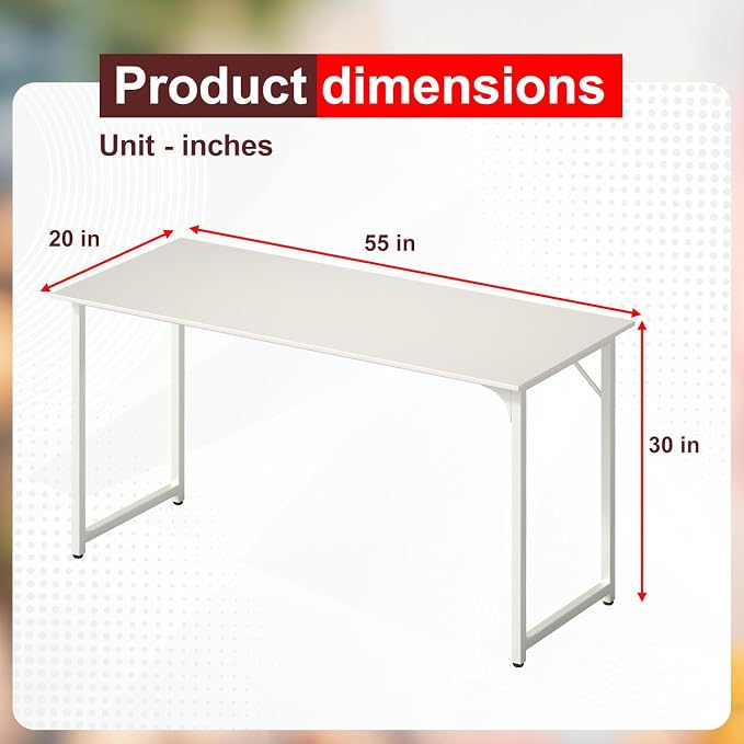 PayLessHere | 55 Inch Computer Desk | White | Office Desk with Metal Frame, Adjustable Feet | Water-Resistant, Scratchproof Surface | Sturdy Writing Table for Home Office or Study | Pack of 1