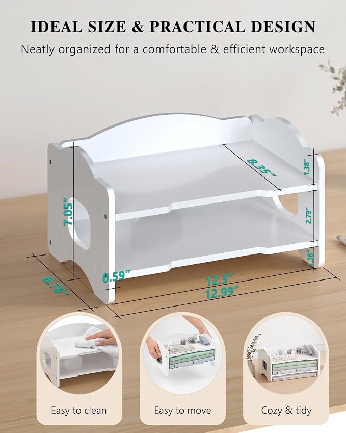 WALI Desk File Organizer, 2 Tier Stackable Desktop Paper Letter Tray Organizer with Handle, Office Desk Accessories & Workspace Organizers for Office, Home, School Supplies, 1 Pack, White