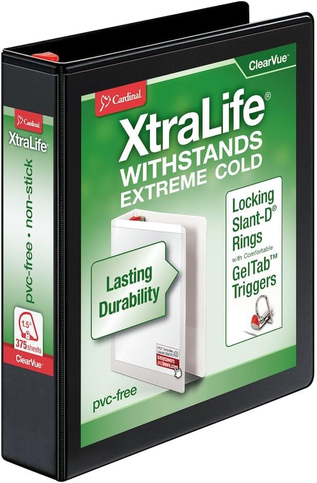Cardinal 26311 XtraLife ClearVue Non-Stick Locking Slant-D Binder, 1.5-Inch Cap, 11 x 8 1/2, Black