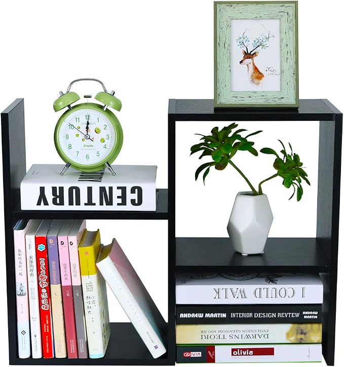 Desktop Shelf Freestanding Wooden Small Bookshelf Desk Supplies Organizers and Accessories Storage Display Rack Office Dorm Decor for Women, Black