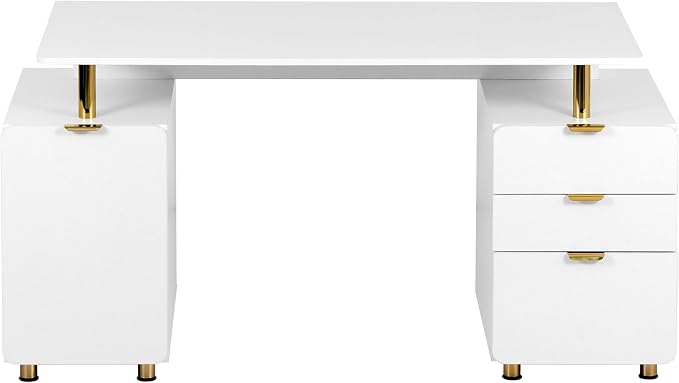 Techni Mobili 57"W Computer Desk w/ 3 Drawers & Storage Cabinet, White/Gold | Home office workstation, durable construction, everyday productivity, Ideal for home office, Workspace organization