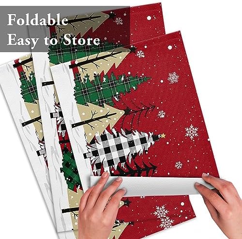 Red Merry Christmas Placemat 1PC, Green Christmas Tree Heat Resistant Washable Table Place Mats White Snow Forest Winter Cotton Table Linens Party Holiday Decor for Kitchen Dining Outdoor Indoor