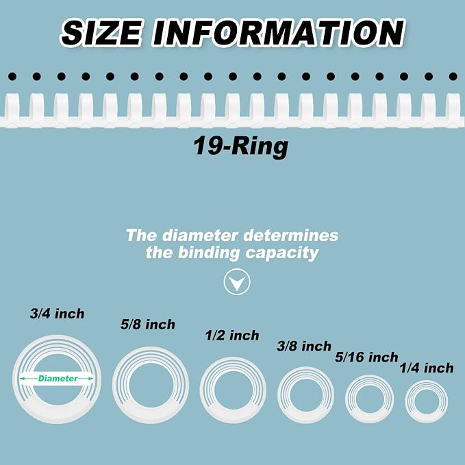 Yunsailing 150 Pack Plastic Binding Combs Plastic Binder Comb Ring 19 Ring Binding Spines Letter Size Spiral coils for Notebook Calendar(1/4 5/16 3/8 1/2 5/8 3/4 in,White)