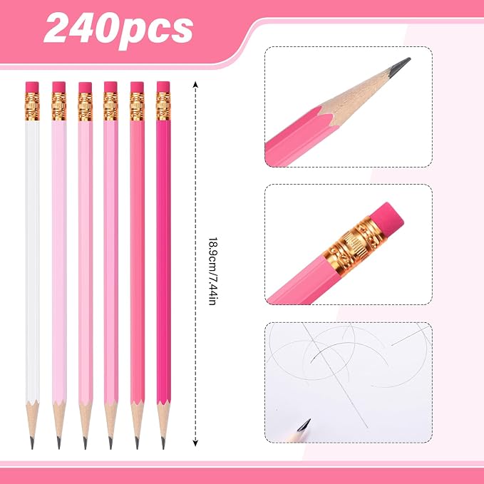 TecUnite 240 Pcs HB #2 Unsharpened Pencils with Eraser Wooden Hexagonal Graphite No 2 Pencils for Students Adults Gifts Exams School Office Sketching(Pink)