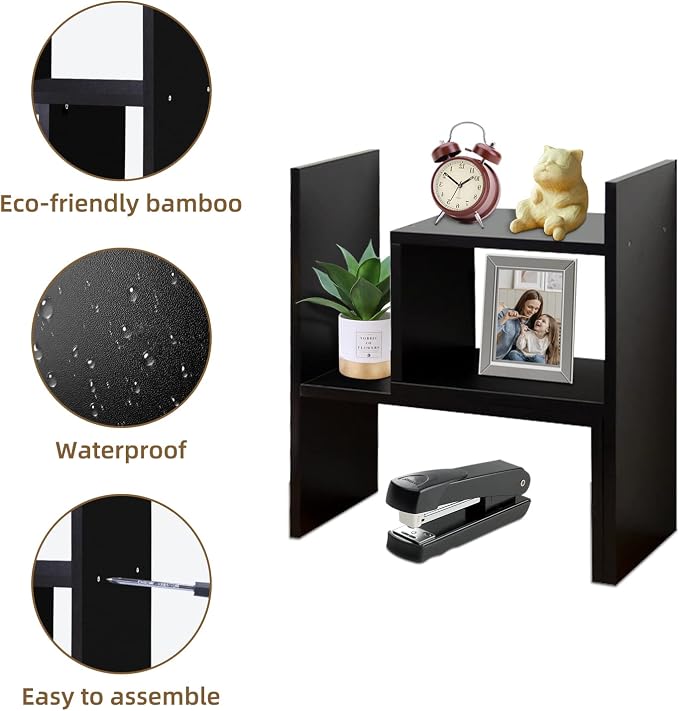 TY ARTS & CULTURE Expandable Black Wood Desktop Organizer-Desk Bookshelf | adjustable wood shelf, countertop desktop storage, home office stationery rack,Multipurpose bookcase,tabletop display