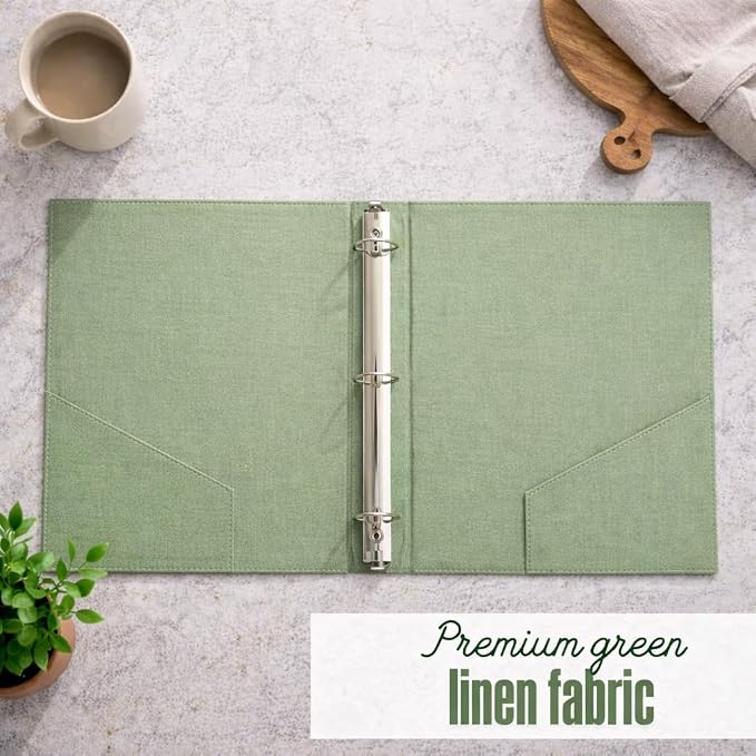 Paper 'n Such Welcome Binder for Short Term Rentals –Green Linen Fabric 3 Ring Folder for Airbnb, Vacation Home, House Manual & Guest Information - Letter Size