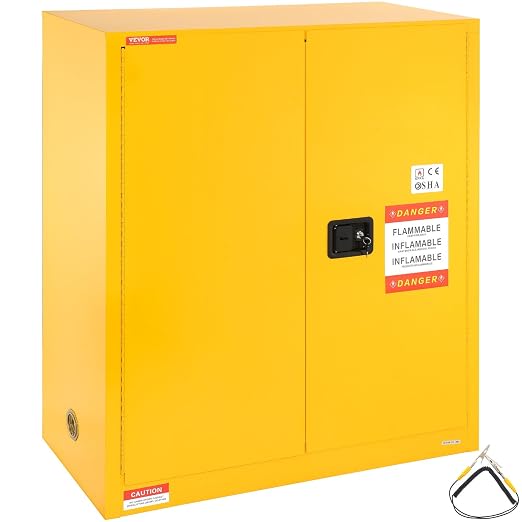 VEVOR Flammable Cabinet 18" x 43" x 50", Cold-Rolled Steel Flammable Liquid Storage Cabinet 34 Gal with 2 Adjustable Shelves/2 Manual Closing Doors for Industrial Use, Yellow | For Industrial Use, Cold-Rolled Steel, 34 Gal, with 2 Adjustable Shelves, 2...