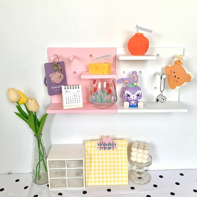 Kawaii Peg Board with Hook, Trinket Shelf for Bedroom, Cute Display Decor | 4 Pack Pegboard Ledges Organizer for Hanging Keychains, Decorative Wall Panel Kits for Blindboxes Lightweight Dolls, Pink