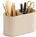 PU Leather Desk Organizer Pen Holder – Dual-Compartment Stylish Pencil Cup Remote Control Holder Desktop Supplies and Accessories Organizer Caddy for Office Home School (Mocha Beige)