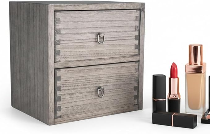 DDYURI Wooden Desktop Drawer Organizer Box 2-Tier Tabletop Storage Cabinet for Office Makeup Dressing Table Dark Brown